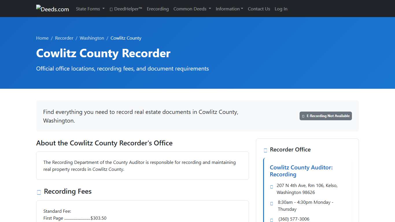Cowlitz County Recorder Information, Washington - Deeds.com